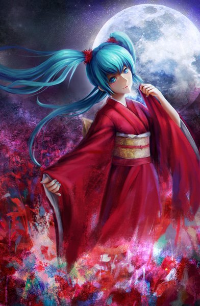 Anime picture 1190x1820 with vocaloid hatsune miku tang single long hair tall image looking at viewer blue eyes twintails traditional clothes japanese clothes aqua hair girl flower (flowers) kimono moon obi