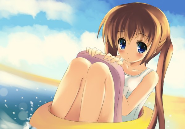 Anime picture 1237x870 with blue eyes brown hair twintails loli girl white school swimsuit