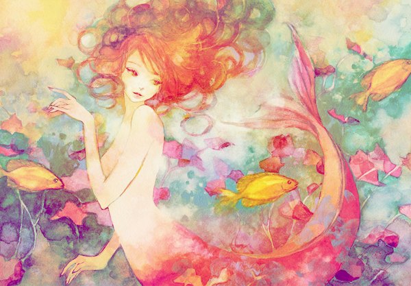 Anime picture 1150x800 with original emimino long hair light erotic red eyes orange hair topless underwater traditional media watercolor (medium) girl plant (plants) fish (fishes) mermaid
