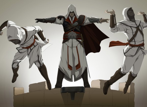 Anime picture 1644x1200 with assassin's creed (game) ac brotherhood (game) ezio auditore da firenze doubleleaf simple background smile falling assassin boy sword belt armor hood cloak