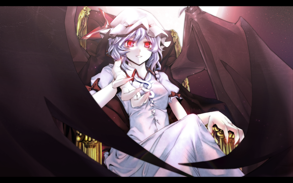 Anime picture 3200x2000 with touhou remilia scarlet uzuki aoki highres short hair red eyes wide image blue hair absurdres fingernails outstretched arm letterboxed long fingernails demon wings girl wings headdress chair