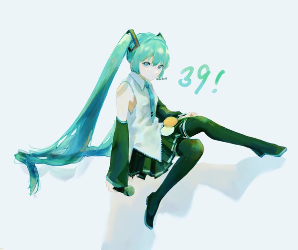 Anime picture 2627x2203 with vocaloid hatsune miku bedr2221 single looking at viewer fringe highres simple background hair between eyes sitting twintails signed full body very long hair aqua eyes aqua hair shadow twitter username 39 girl