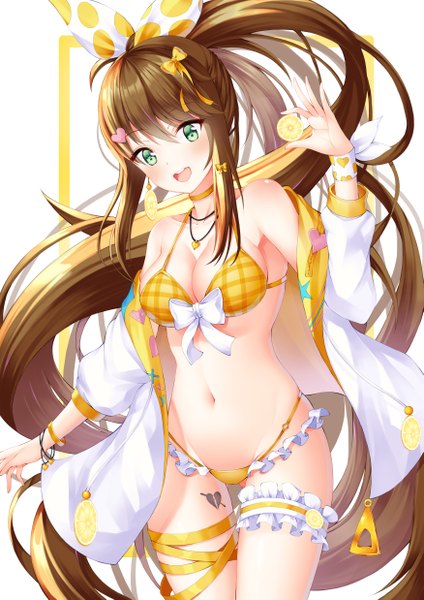 Anime-Bild 3500x4950 mit original kotomaru (sirouko9511) single tall image looking at viewer blush fringe highres breasts open mouth light erotic simple background smile hair between eyes brown hair large breasts standing white background bare shoulders holding