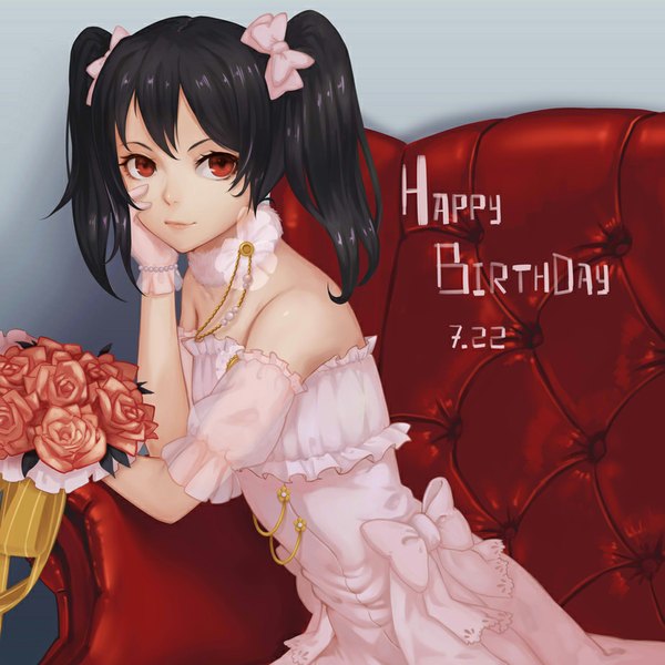 Anime picture 924x924 with love live! school idol project sunrise (studio) love live! yazawa nico whitem (whiteemperor2020) single long hair looking at viewer fringe black hair smile red eyes sitting twintails bare shoulders short sleeves happy birthday hand on face head rest girl