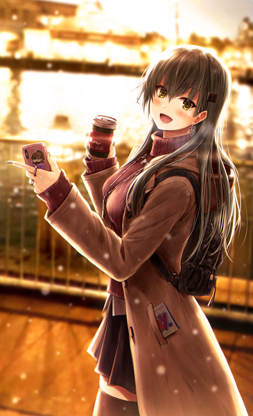 Anime picture 730x1200 with kantai collection suzuya heavy cruiser kumano heavy cruiser suien single long hair tall image looking at viewer blush fringe open mouth hair between eyes brown hair standing holding brown eyes outdoors nail polish :d pleated skirt