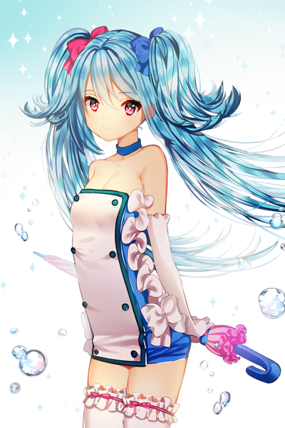 Anime picture 709x1063 with original gambe single long hair tall image looking at viewer twintails bare shoulders blue hair cleavage pink eyes light smile sparkle hands behind back closed umbrella girl thighhighs dress gloves bow
