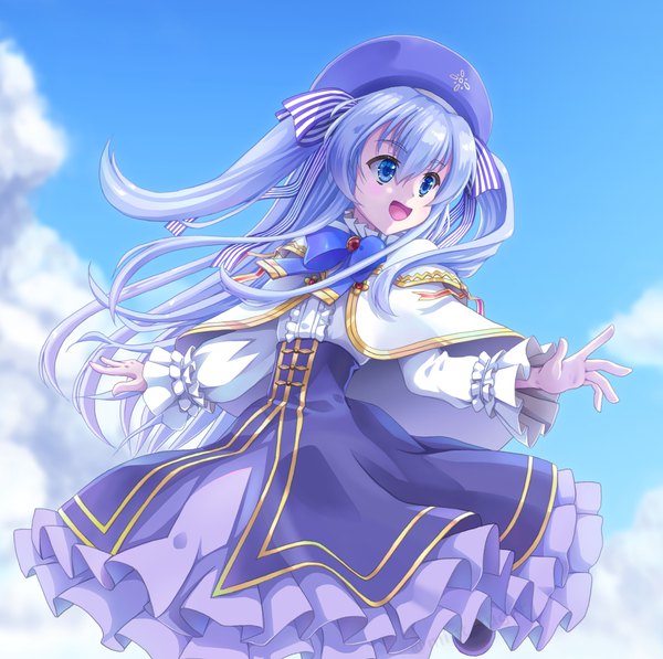 Anime picture 1240x1233 with seirei gensouki celia claire leshade entis single long hair fringe open mouth blue eyes smile hair between eyes standing payot blue hair looking away sky cloud (clouds) outdoors :d two side up floating hair