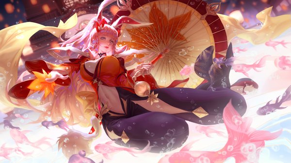 Anime picture 7680x4320 with honor of kings gongsun li atomicxx single long hair looking at viewer fringe highres breasts light erotic wide image holding animal ears pink hair absurdres full body ponytail blunt bangs pink eyes bunny ears