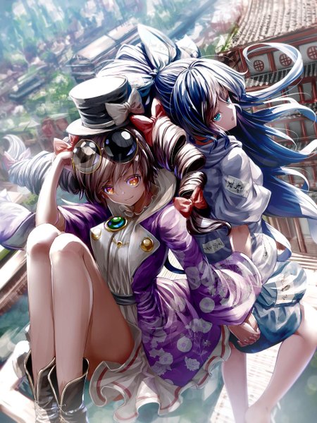 Anime picture 1024x1365 with touhou yorigami shion yorigami jo'on ryosios long hair tall image blue eyes red eyes brown hair twintails multiple girls blue hair bent knee (knees) from above holding hands drill hair sunglasses on head back to back girl bow