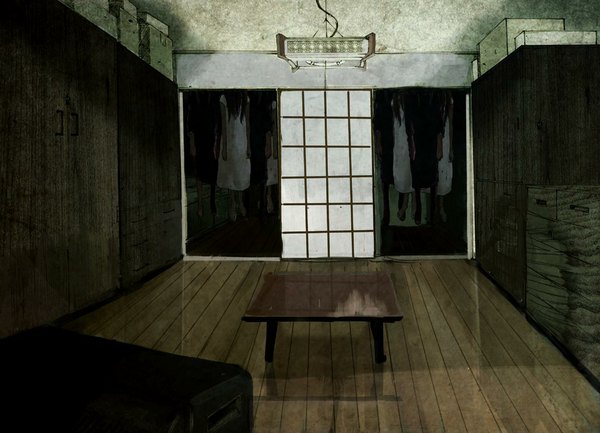 Anime picture 1100x795 with kato fumitaka barefoot reflection death headless table lamp room box people cardboard box corpse wardrobe