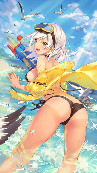 Anime picture 1152x2048 with girl cafe gun lida romero criin single tall image looking at viewer blush fringe short hair breasts open mouth light erotic smile red eyes large breasts standing holding sky silver hair cloud (clouds)