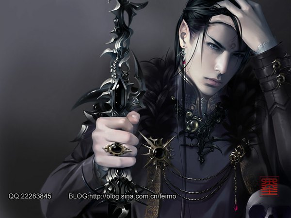 Anime picture 1024x768 with feimo long hair blue eyes black hair lips pointy ears realistic grey background tattoo boy earrings sword jewelry ring brooch
