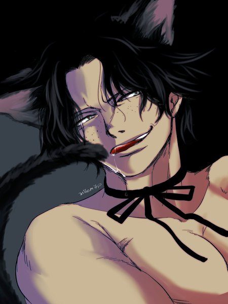 Anime picture 900x1200 with one piece toei animation portgas d. ace danbat miho single tall image fringe short hair black hair simple background hair between eyes signed animal ears looking away upper body tail animal tail cat ears grey background cat tail