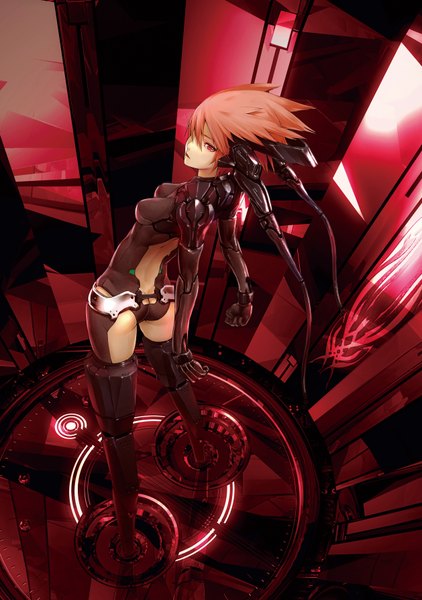 Anime picture 2516x3579 with original redjuice single tall image highres short hair light erotic standing pink hair pink eyes looking back inscription back cyberpunk girl thigh boots bodysuit android