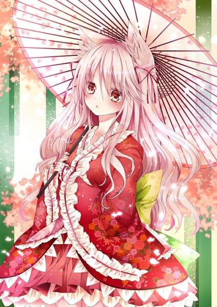Anime picture 636x900 with original nanase kureha nanase nao single long hair tall image looking at viewer blush fringe short hair holding brown eyes animal ears yellow eyes pink hair long sleeves traditional clothes parted lips japanese clothes wide sleeves