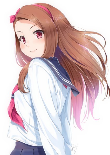 Anime picture 827x1169 with idolmaster minase iori miri (ago550421) single long hair tall image looking at viewer blush simple background smile red eyes brown hair white background upper body long sleeves looking back from behind hands behind back girl uniform