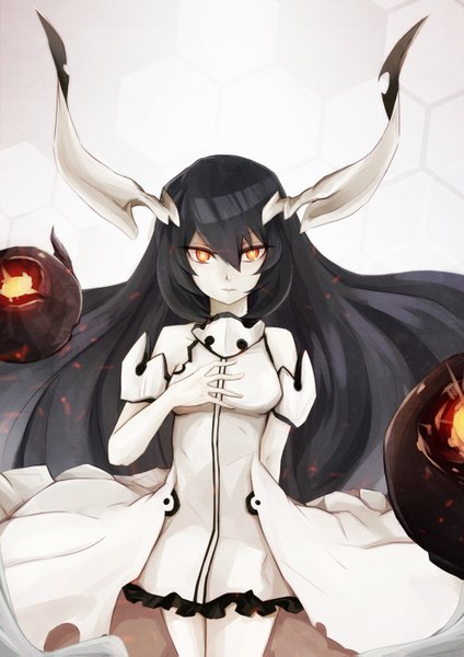 Anime picture 1000x1415 with kantai collection anchorage oni coolnova single tall image looking at viewer fringe black hair standing white background very long hair horn (horns) short sleeves orange eyes hand on chest arm behind back frilly skirt white skin shinkaisei-kan girl
