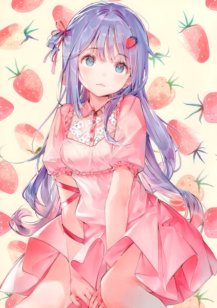 Anime picture 2477x3503 with original dsmile single long hair tall image looking at viewer blush fringe highres blue eyes simple background sitting purple hair blunt bangs scan short sleeves one side up between legs girl dress