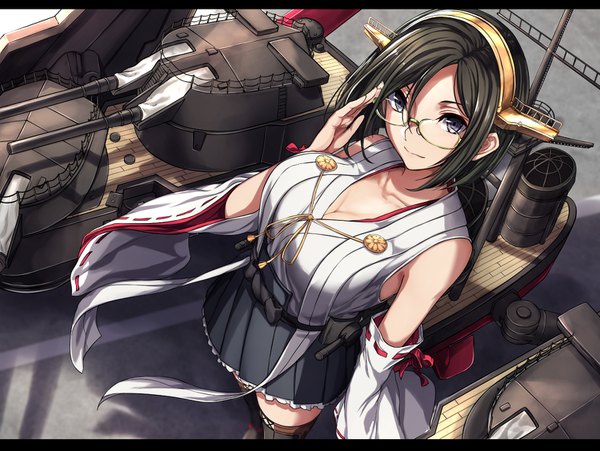 Anime picture 1518x1143 with kantai collection kirishima battleship sblack single looking at viewer short hair black hair pleated skirt from above wide sleeves grey eyes zettai ryouiki adjusting glasses girl skirt hair ornament weapon detached sleeves glasses gun