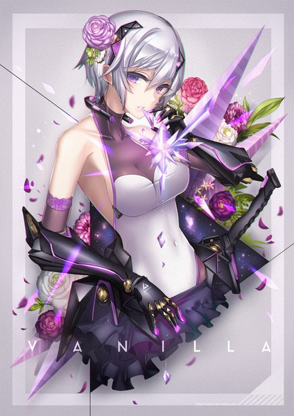 Anime picture 723x1023 with original t-track (artist) single tall image looking at viewer fringe short hair breasts light erotic hair between eyes purple eyes holding silver hair upper body nail polish parted lips hair flower fingernails glowing border