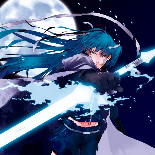 Anime picture 1200x1200 with vocaloid hatsune miku nitro kyosuke single long hair looking at viewer fringe blue eyes standing twintails holding yellow eyes blue hair sky wind hair over one eye night night sky glowing multicolored eyes