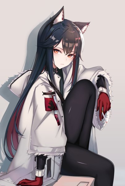 Anime picture 2651x3938 with arknights texas (arknights) ateoyh single long hair tall image looking at viewer blush fringe highres black hair simple background hair between eyes sitting holding animal ears payot bent knee (knees) long sleeves head tilt