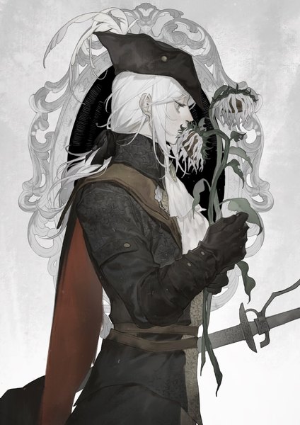 Anime picture 1448x2048 with bloodborne from software lady maria of the astral clocktower la bo chu shi single long hair tall image simple background standing white background holding looking away white hair profile grey eyes low ponytail girl gloves flower (flowers) ribbon (ribbons)