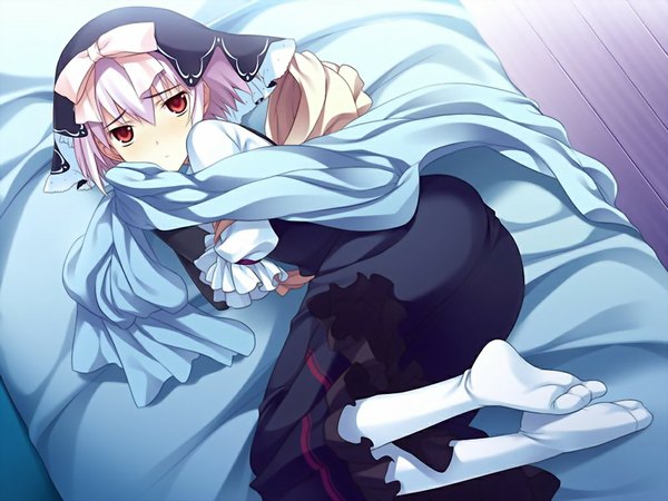 Anime picture 1024x768 with id rebirth session himuro sae amakura single short hair red eyes game cg purple hair girl bed