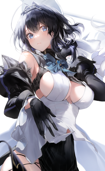 Anime picture 1000x1637 with virtual youtuber hololive hololive english ouro kronii ouro kronii (1st costume) 2sham single tall image blush fringe short hair breasts blue eyes light erotic black hair simple background hair between eyes large breasts standing white background