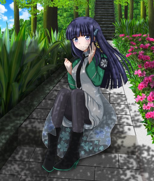 Anime picture 1600x1881 with mahouka koukou no rettousei shiba miyuki nihility (artist) single long hair tall image looking at viewer blush blue eyes smile sitting blue hair sky cloud (clouds) nature girl dress hair ornament flower (flowers) plant (plants)