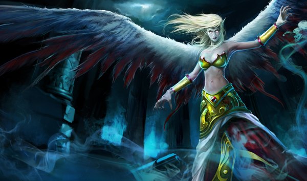Anime picture 1215x717 with league of legends morgana (league of legends) single long hair looking at viewer wide image white hair fingernails pointy ears long fingernails white eyes fog girl navel wings pillar column