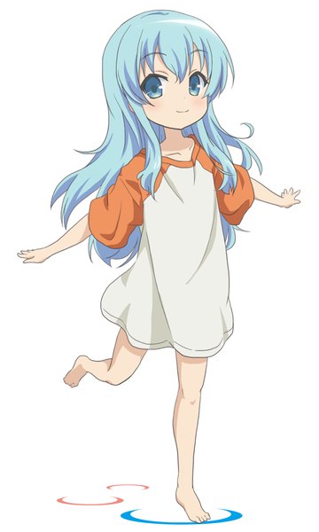 Anime picture 900x1500 with sora no method noel (sora no method) red star (toranecomet) single long hair tall image looking at viewer blush fringe blue eyes simple background smile hair between eyes white background payot blue hair full body barefoot spread arms alternate hairstyle