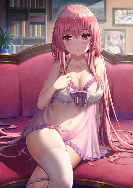 Anime picture 1200x1699 with azur lane perseus (azur lane) satomi (745684552) single long hair tall image looking at viewer blush fringe breasts open mouth light erotic hair between eyes large breasts sitting twintails signed payot pink hair cleavage