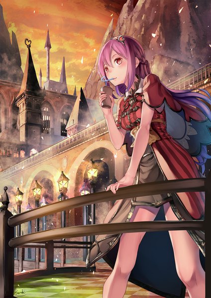 Anime picture 1240x1754 with original saraki single long hair tall image red eyes standing pink hair braid (braids) arm support bare legs evening light sunset mountain checkered floor floor drinking girl dress