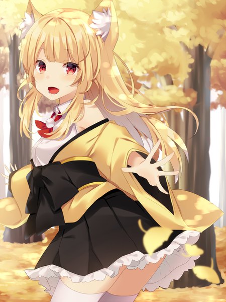 Anime picture 1200x1600 with original komomo (ptkrx) single long hair tall image looking at viewer blush fringe open mouth blonde hair red eyes bare shoulders animal ears payot blunt bangs :d pleated skirt wind off shoulder wide sleeves