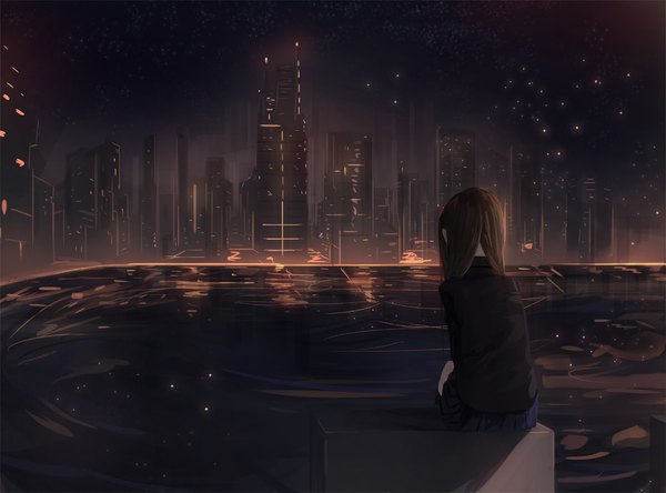 Anime picture 1013x750 with original anone single long hair brown hair sitting pleated skirt night shadow night sky back city reflection cityscape glow city lights ripples girl thighhighs skirt