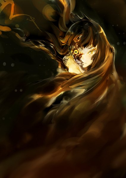 Anime picture 1240x1754 with izanami takaki tomomi single long hair tall image looking at viewer fringe brown hair yellow eyes blurry floating hair lens flare dark background serious angry clenched teeth injury >:( goddess deep wound