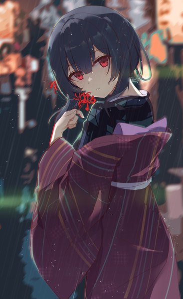 Anime picture 1469x2400 with idolmaster idolmaster shiny colors morino rinze serika single tall image looking at viewer blush fringe short hair black hair hair between eyes red eyes standing holding payot outdoors traditional clothes parted lips head tilt