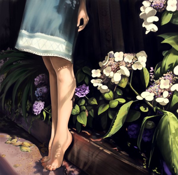 Anime picture 1213x1191 with original houfuchao single barefoot headless girl dress flower (flowers) plant (plants) leaf (leaves) sundress hand hydrangea