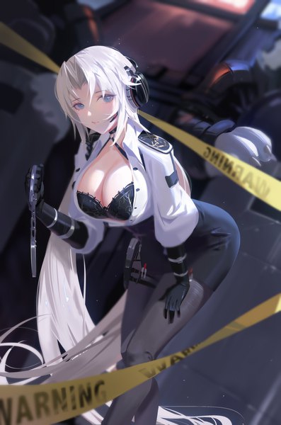 Anime picture 1000x1513 with azur lane kronshtadt (azur lane) kronshtadt (begin the rush!) (azur lane) dongfangzhong111 single tall image looking at viewer fringe breasts blue eyes light erotic hair between eyes large breasts standing holding cleavage silver hair long sleeves very long hair blurry
