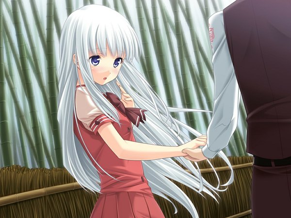 Anime picture 1024x768 with kitto, sumiwataru asairo yori mo (game) long hair blue eyes game cg white hair girl serafuku