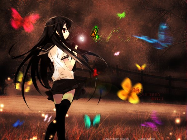 Anime picture 1280x960 with shakugan no shana j.c. staff shana single long hair black hair skirt lift girl thighhighs uniform black thighhighs school uniform insect butterfly