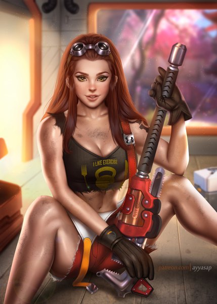 Anime picture 4000x5599 with overwatch blizzard entertainment brigitte (overwatch) ayyasap single long hair tall image looking at viewer highres breasts light erotic smile brown hair large breasts sitting signed yellow eyes payot absurdres bent knee (knees)