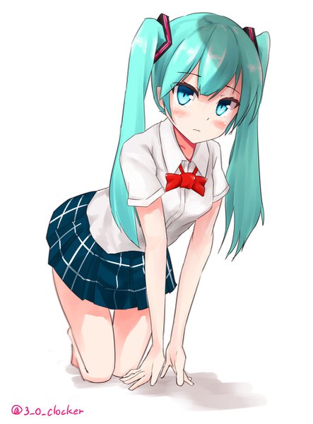 Anime picture 887x1200 with vocaloid hatsune miku osanzi (3-o-clocker) single long hair tall image looking at viewer blush fringe simple background white background twintails signed full body pleated skirt aqua eyes aqua hair short sleeves twitter username thighs