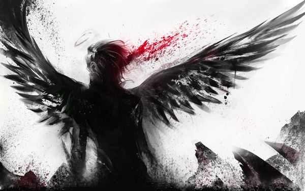 Anime picture 1920x1200 with original sakimichan single highres short hair wide image white background monochrome angel wings boy blood halo