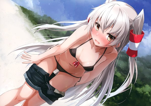 Anime picture 4289x3025 with kantai collection amatsukaze destroyer takanashi kei (hitsujikan) single long hair looking at viewer blush fringe highres breasts open mouth light erotic yellow eyes absurdres sky silver hair cloud (clouds) scan leaning two side up