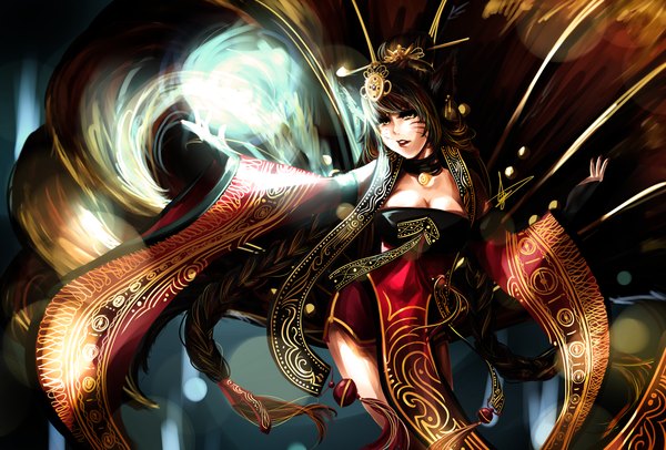 Anime picture 3000x2030 with league of legends ahri (league of legends) single long hair looking at viewer highres breasts open mouth black hair yellow eyes facial mark fox tail multiple tails whisker markings dress hair ornament