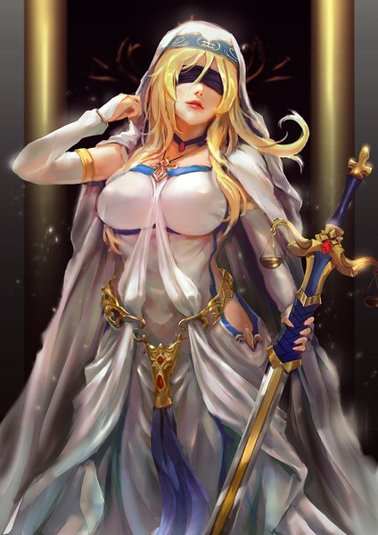 Anime picture 842x1191 with goblin slayer! sword maiden cglas single long hair tall image fringe breasts blonde hair hair between eyes large breasts standing holding parted lips lips realistic side slit sheathed blindfold girl