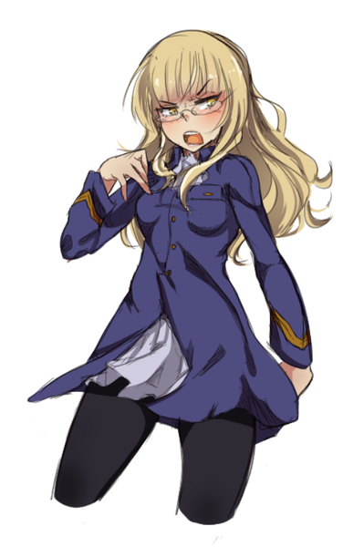 Anime picture 542x814 with strike witches perrine h clostermann tiribrush single long hair tall image blush fringe open mouth simple background blonde hair standing white background yellow eyes looking away blunt bangs long sleeves tsundere girl uniform