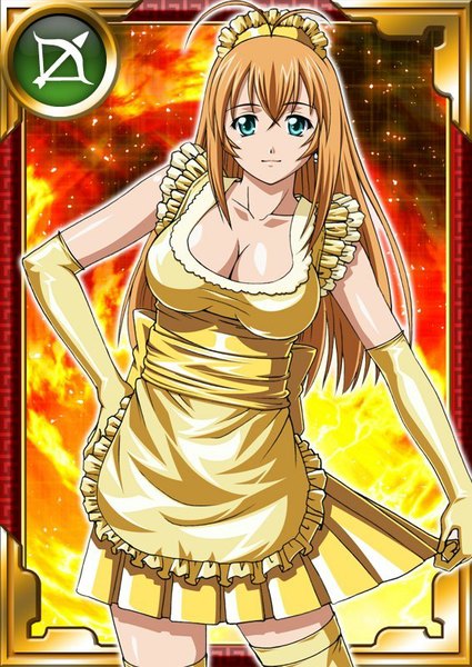 Anime picture 567x800 with ikkitousen sonsaku hakufu single long hair tall image looking at viewer fringe breasts blue eyes blonde hair hair between eyes large breasts standing cleavage ahoge sleeveless hand on hip card (medium) framed zodiac